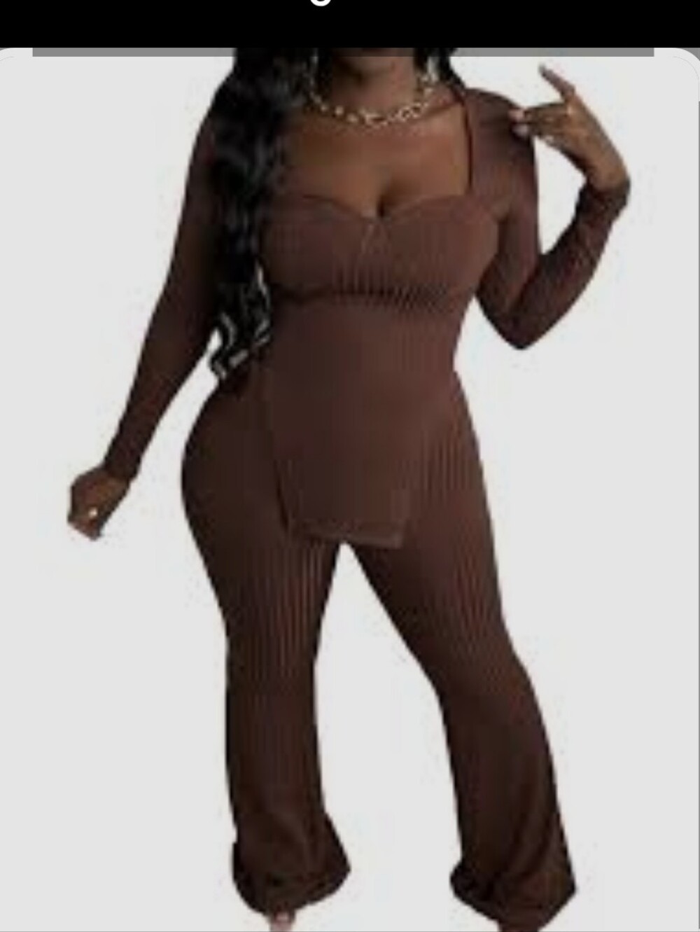 SHEIN 2 Piece brown ribbed knit Long Sleeve set With corset Top, Flared Pants.